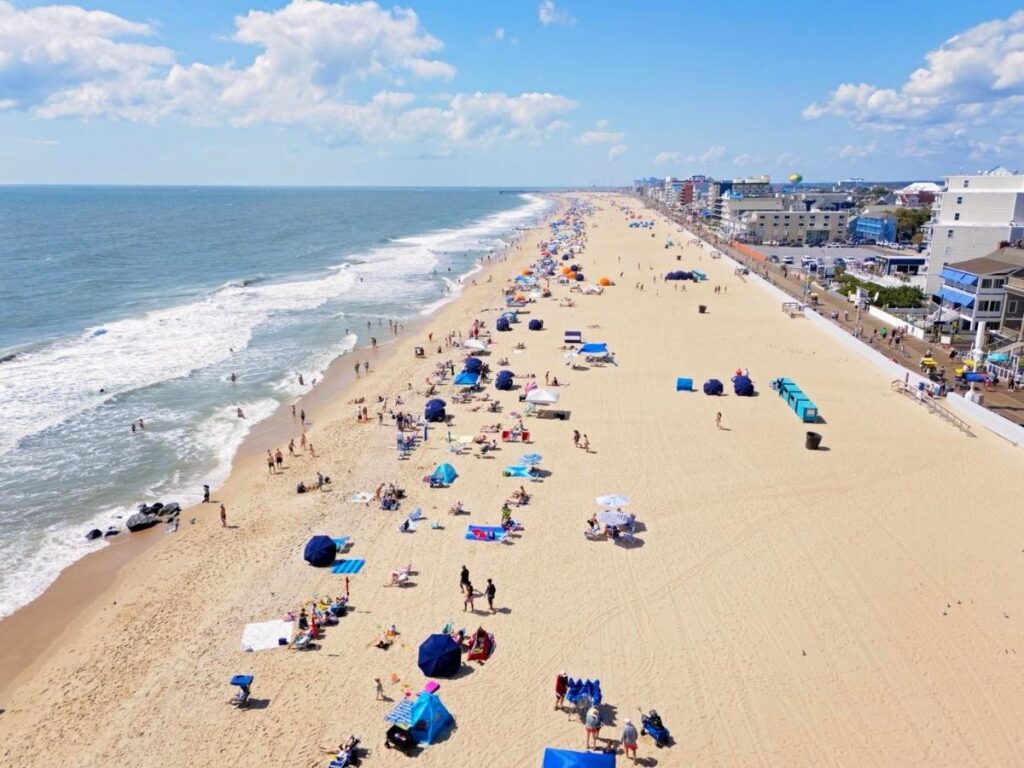 Families walking and biking along the Ocean City Boardwalk
