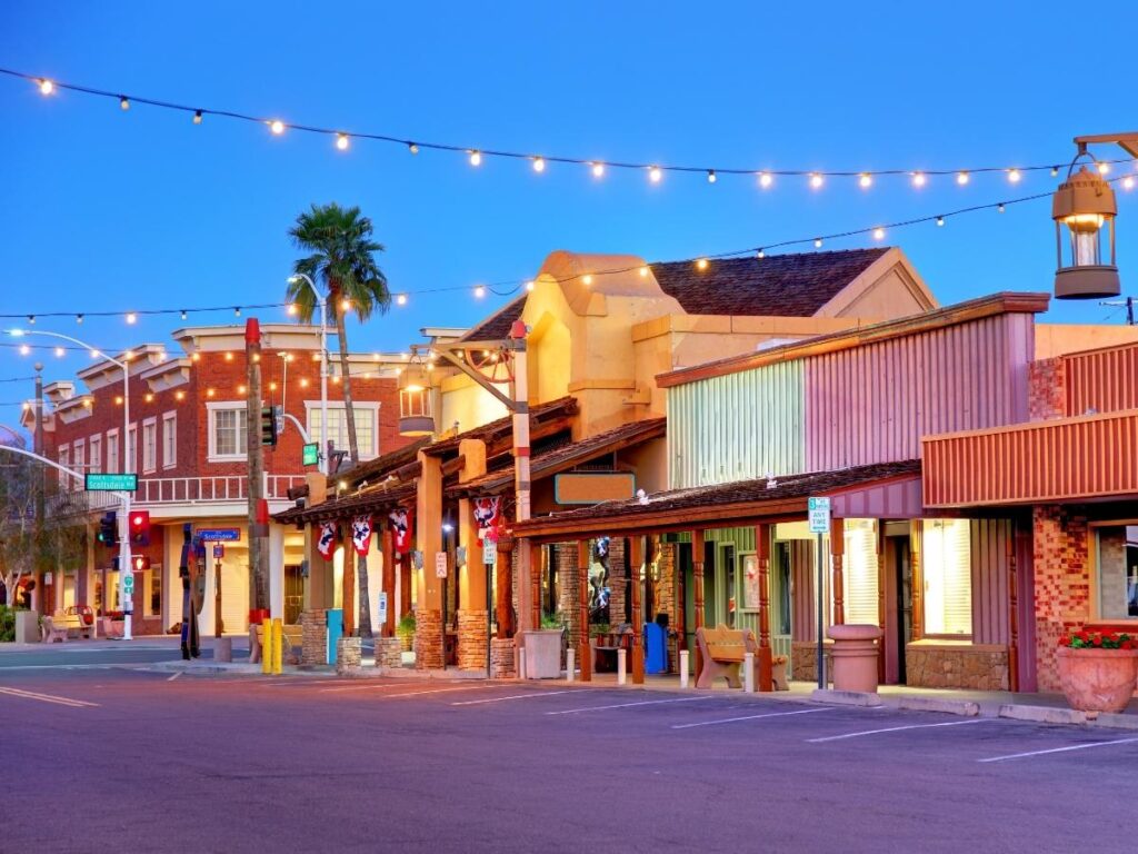 Colorful Old Town Scottsdale street with adobe-style buildings.