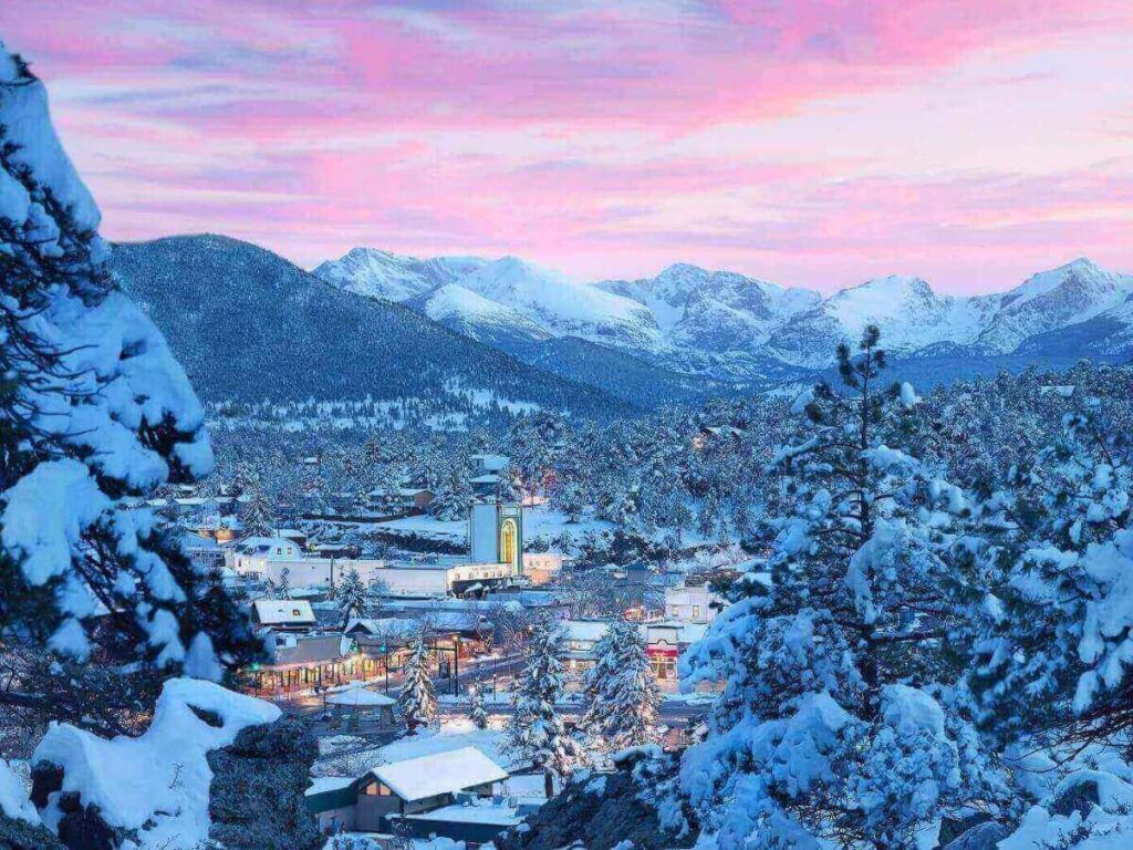Prospect Mountain Aerial Tramway overlooking Estes Park and surrounding peaks