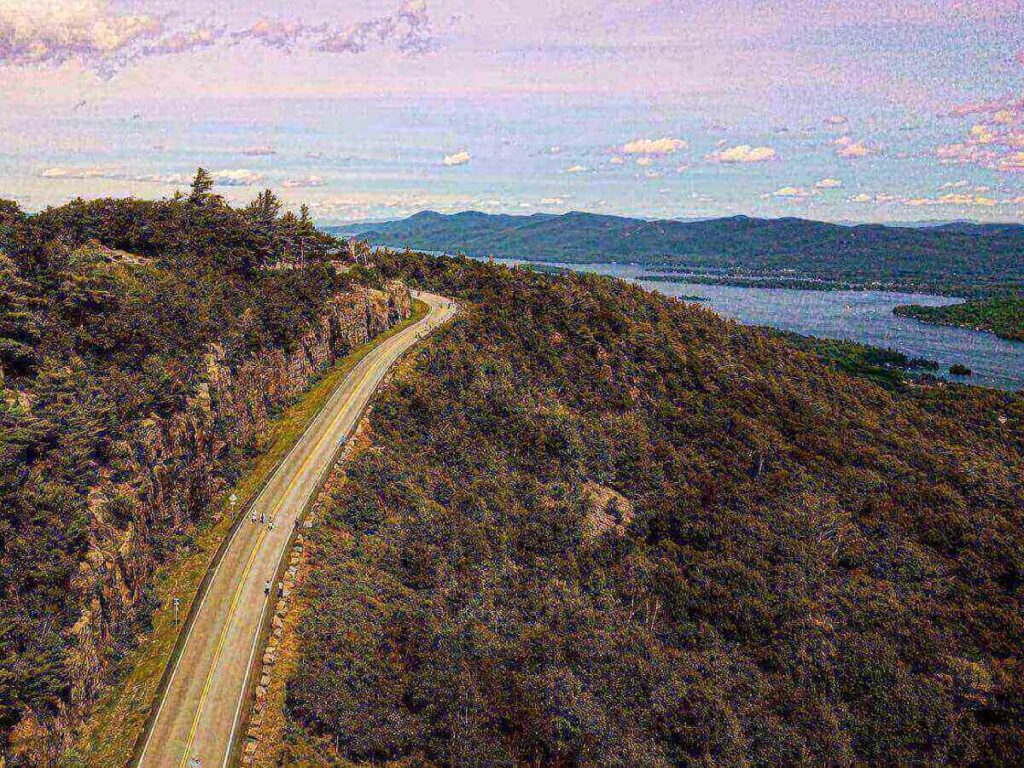 View of Lake George from Prospect Mountain showing the long, narrow lake and islands