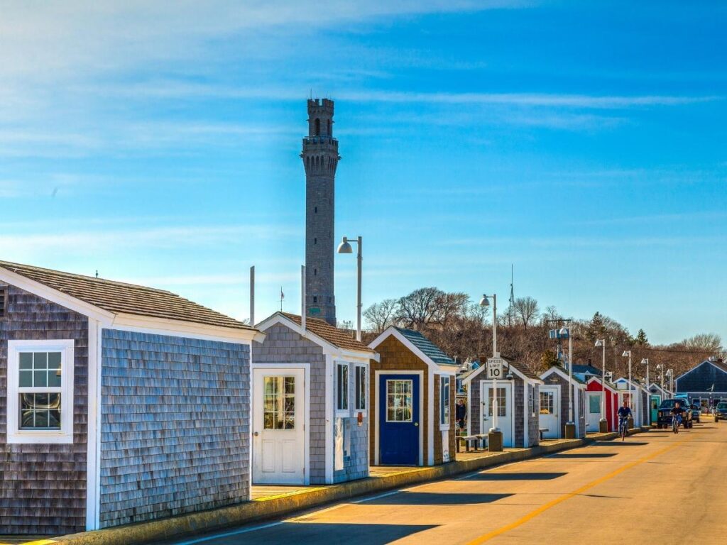 Empty street in Provincetown early in the morning with soft light and closed shops