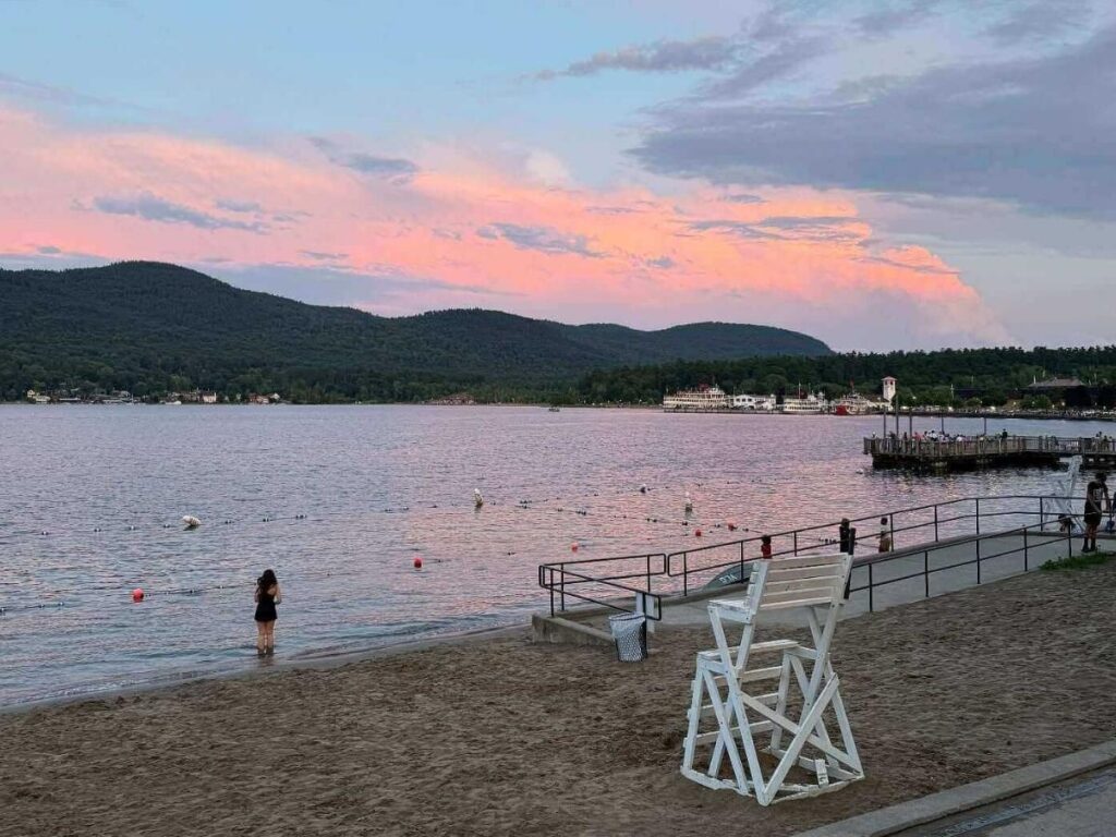 Small quiet beach along the northern shore of Lake George on a sunny day
