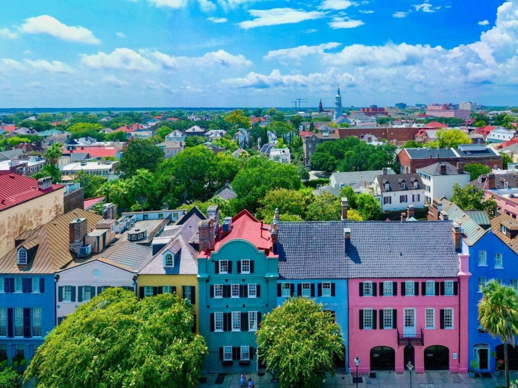 Colorful pastel houses along Rainbow Row Charleston South Carolina