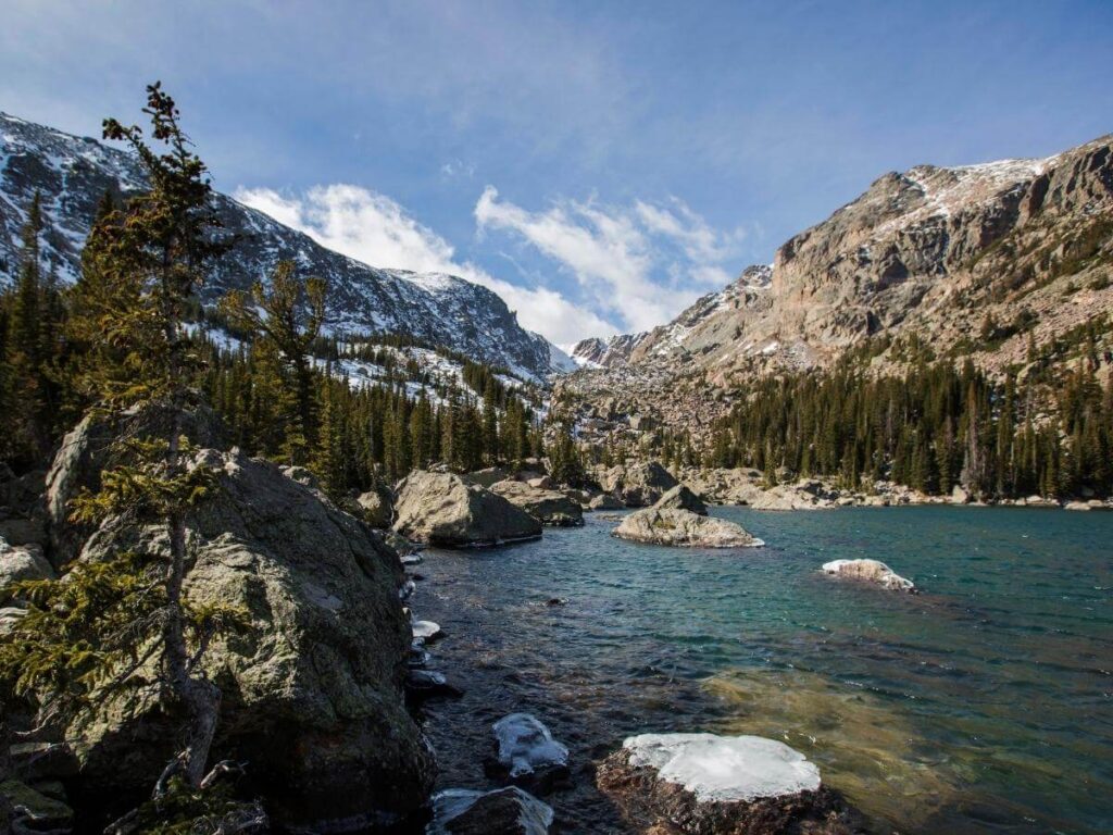 Bear Lake in Rocky Mountain National Park with mountain reflections.