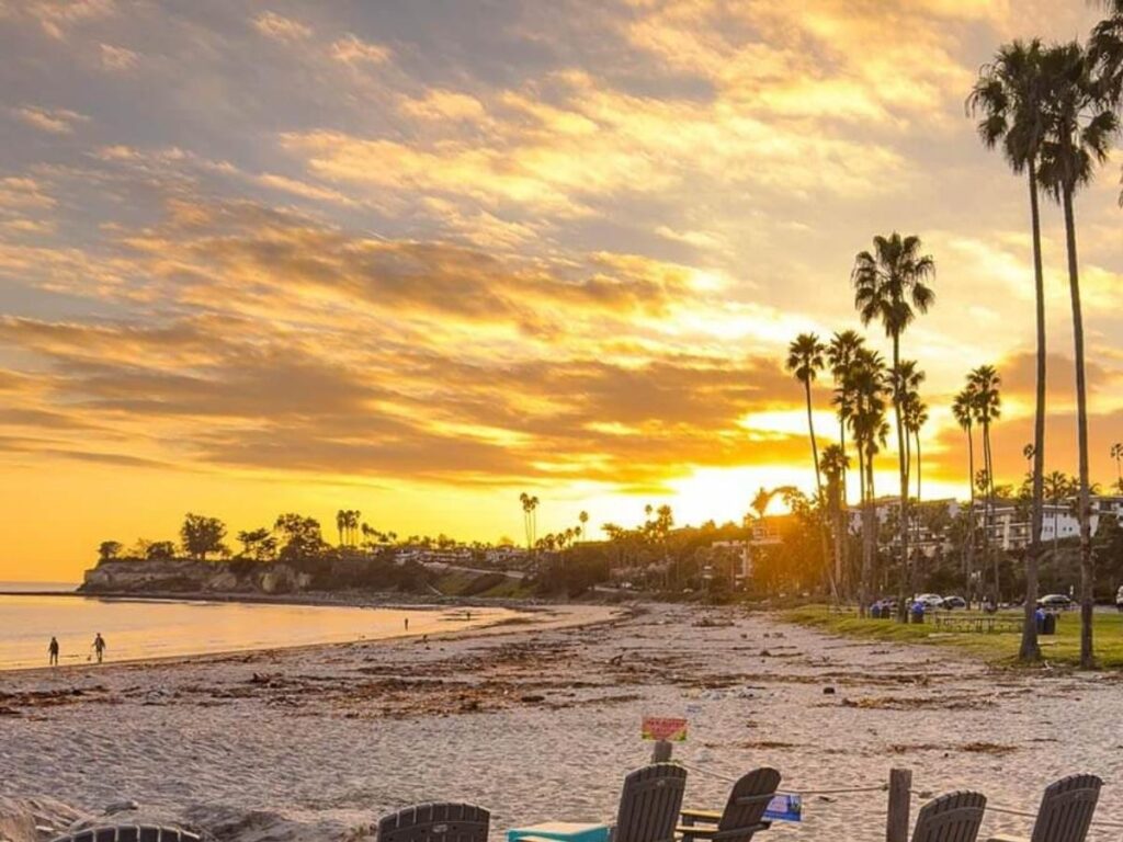 Sunset at the beach in Santa Barbara with soft light and the ocean horizon