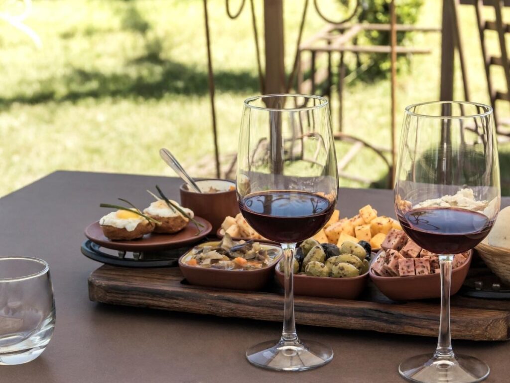 Wine glasses lined up at a tasting room in Old Town Scottsdale.
