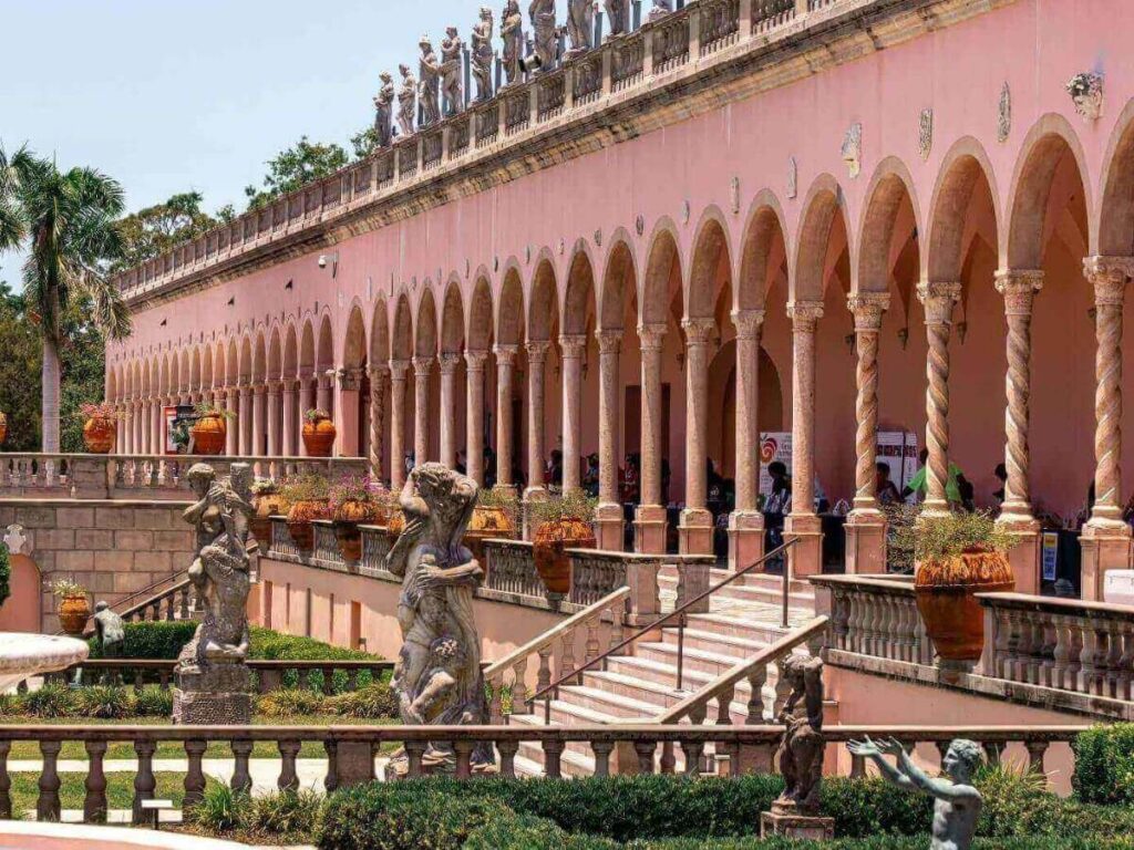 Open grounds and historic architecture at The Ringling museum complex in Sarasota
