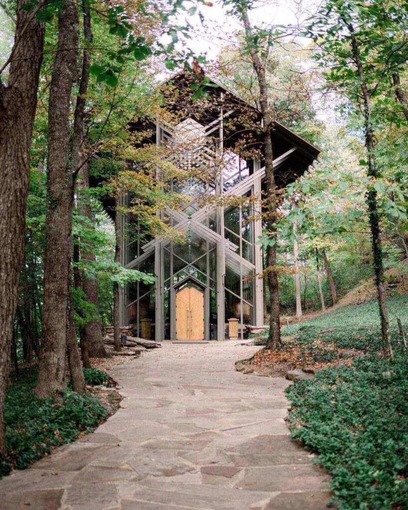 Thorncrown Chapel glass and wood church surrounded by forest near Eureka Springs Arkansas