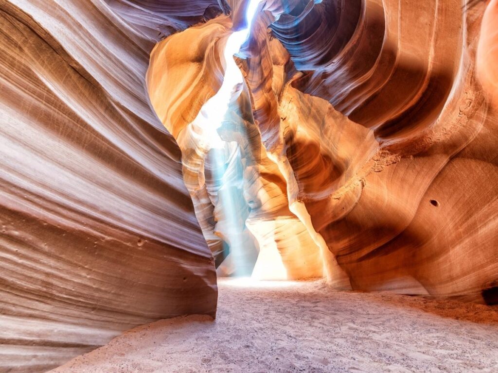 Light beams shining through Upper Antelope Canyon in Page, Arizona