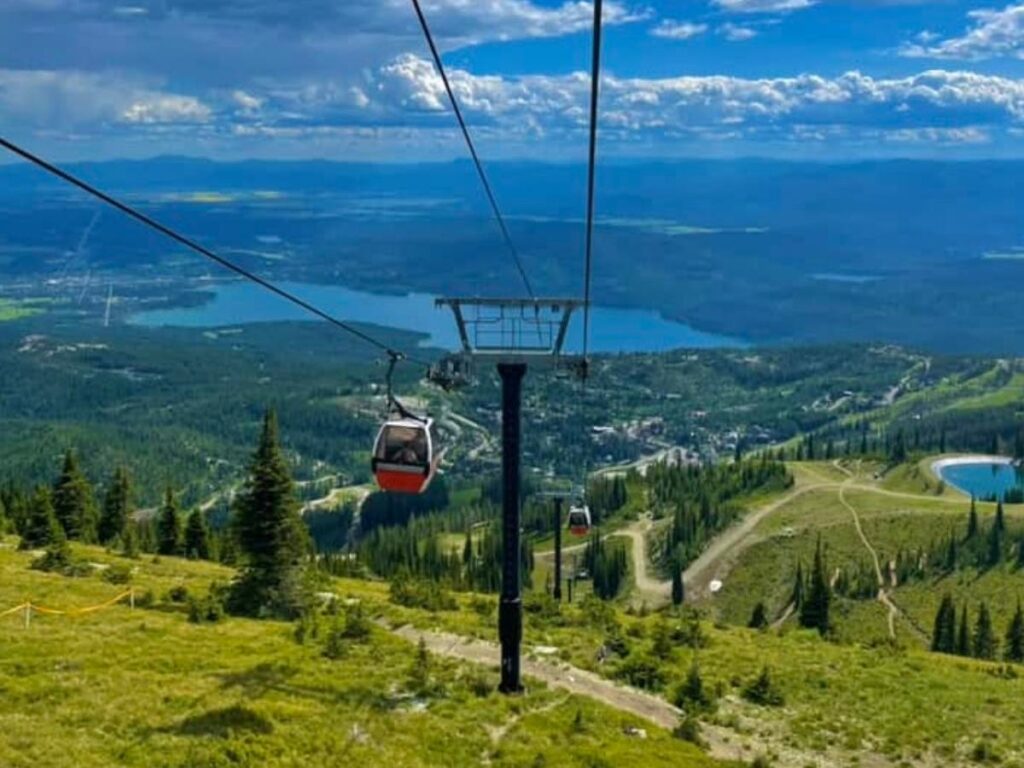 Gondola ride at Whitefish Mountain Resort with mountain views