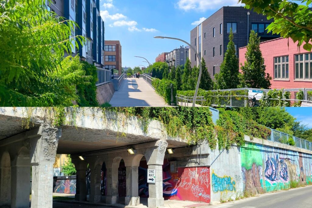 606 Trail with public art murals in the background