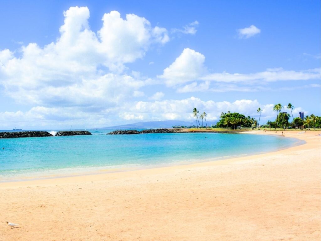 Ala Moana Beach Park lagoon with calm turquoise water in Honolulu