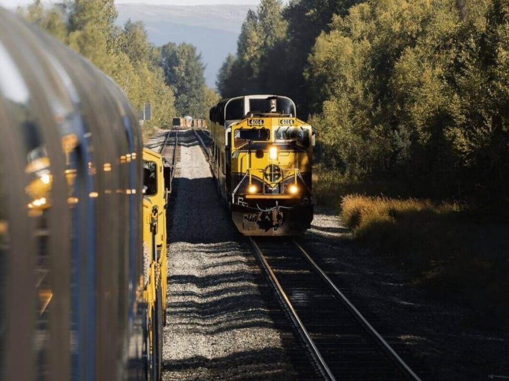 Alaska Railroad GoldStar dome car with passengers looking out at mountain scenery