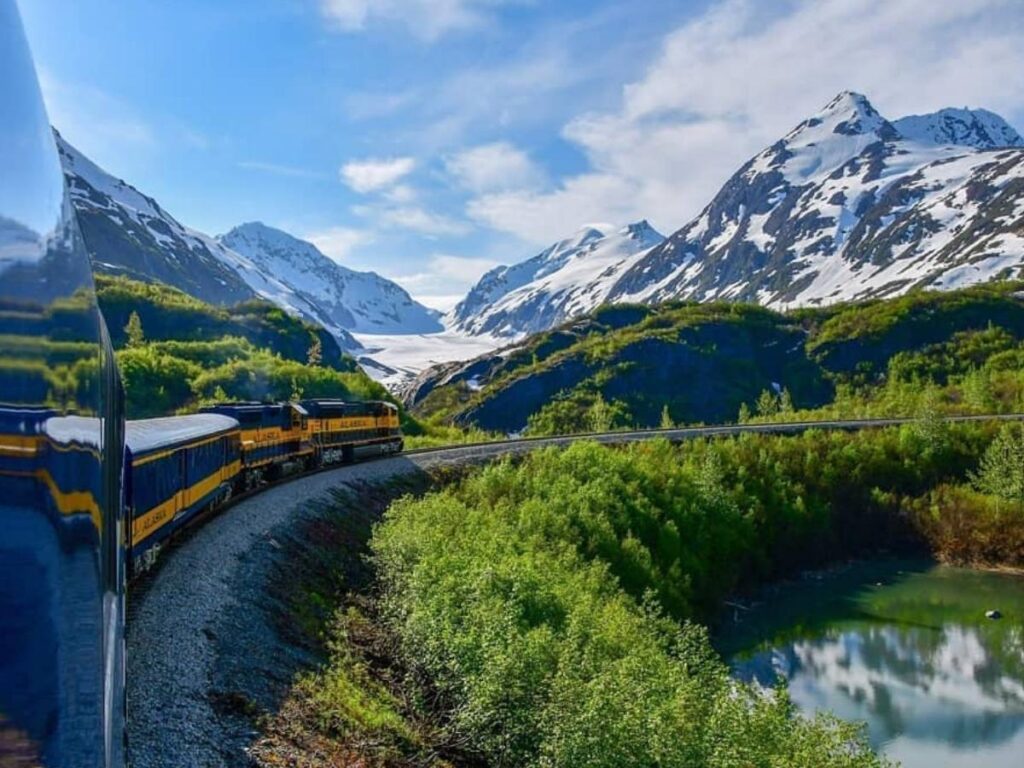 View of mountains and valleys from the Anchorage to Seward train route