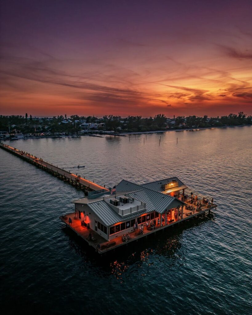 Anna Maria City Pier Ariel View on Sunset