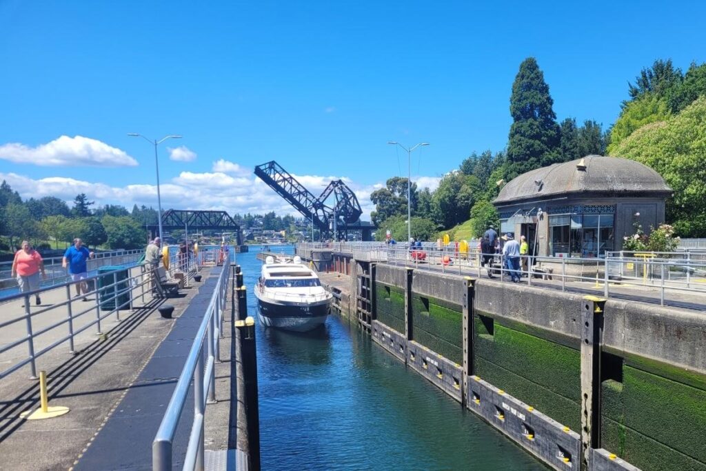 Boat passing through Ballard Locks in Seattle