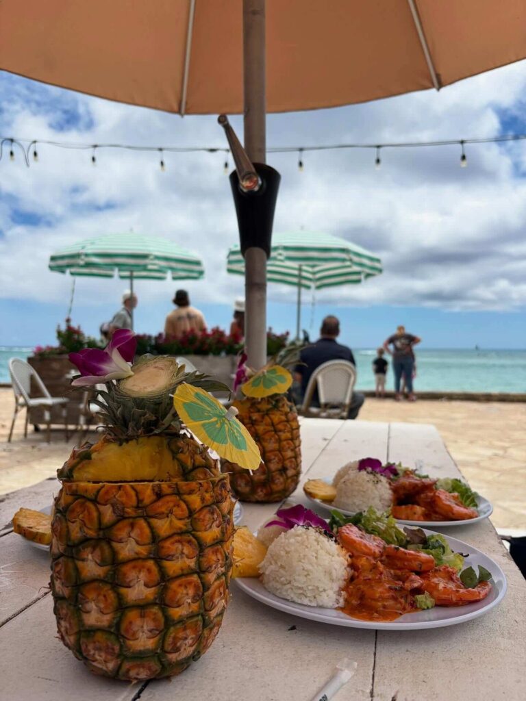 Outdoor breakfast at Barefoot Beach Cafe overlooking Waikiki Beach