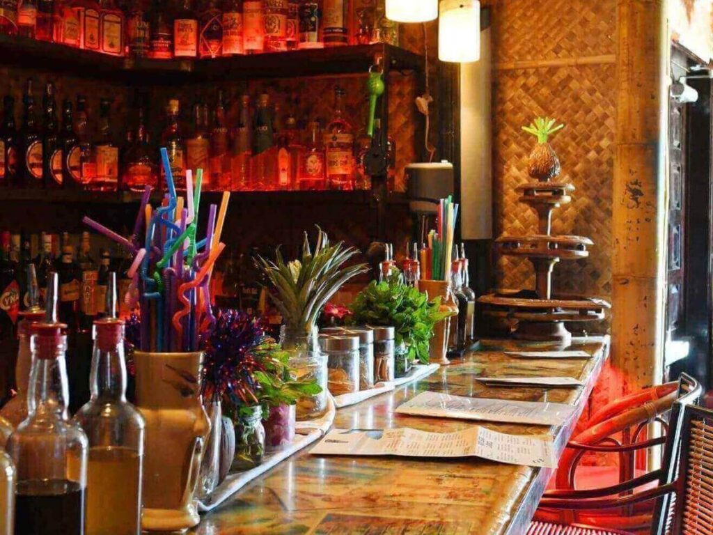 Tropical decor inside Bootlegger Tiki bar in Palm Springs