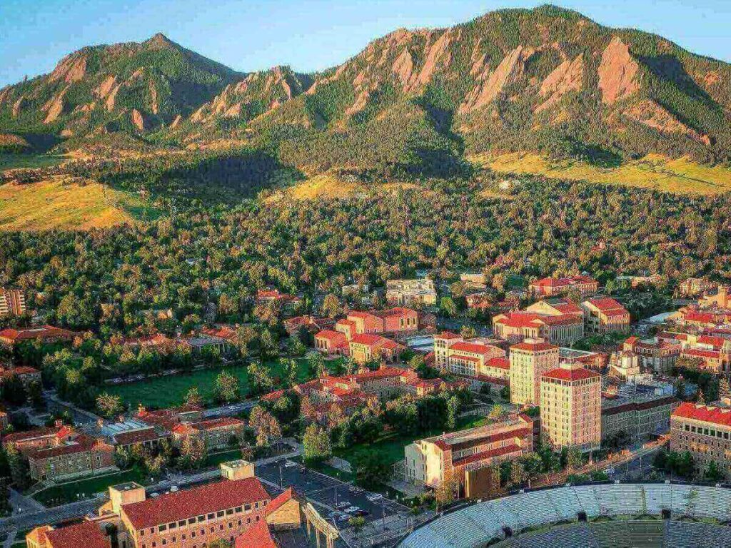 View of Boulder with the Flatirons rising behind the town.