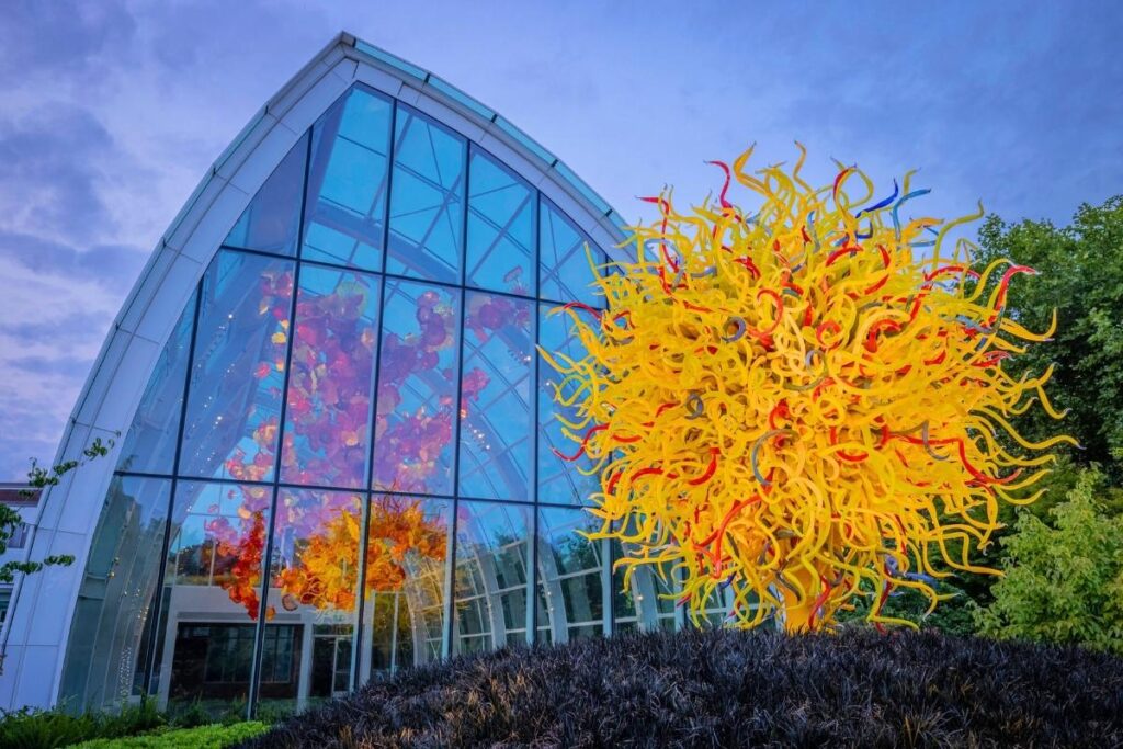 Glass art inside the Chihuly Garden and Glasshouse in Seattle