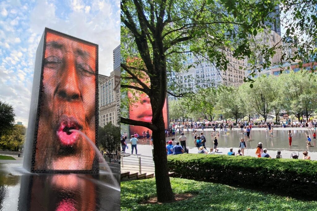 Children playing in water at Crown Fountain, Millennium Park