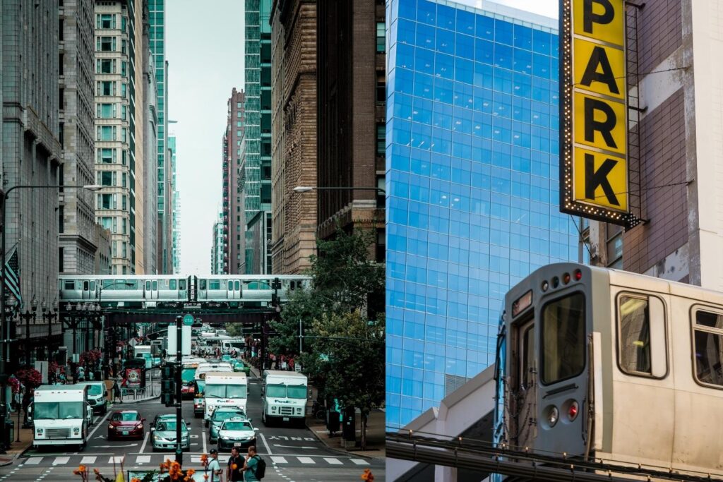 Chicago L train passing above street in the Loop