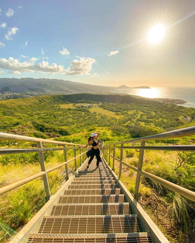 Visitors hiking the Diamond Head trail in Honolulu during the early morning