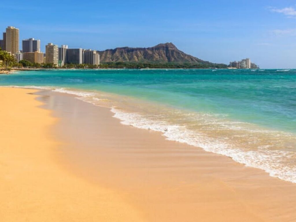 Diamond Head crater visible from Waikiki Beach in Honolulu