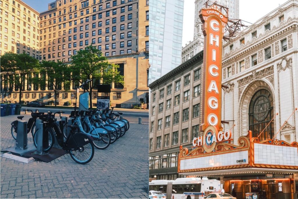 Row of Divvy bikes ready for rental in downtown Chicago