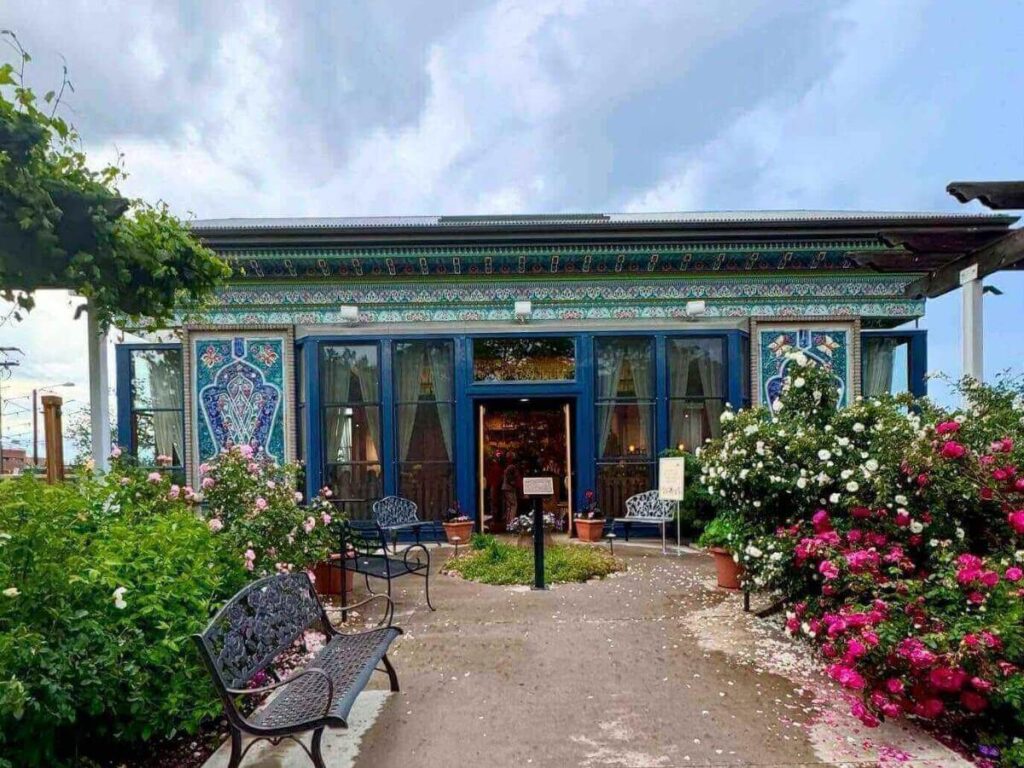 Colorful exterior of the Dushanbe Teahouse in Boulder.