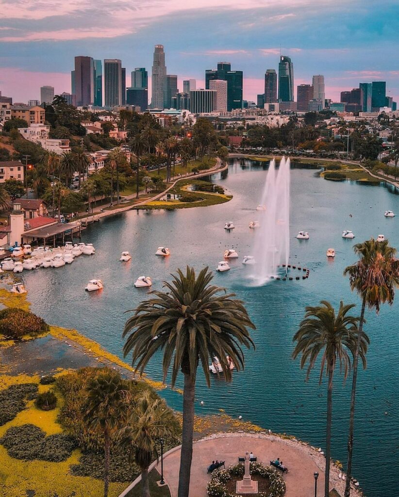 Echo Park Lake ariel view with downtown LA skyline behind
