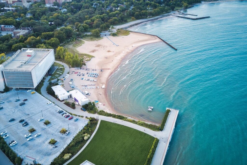 Peaceful beach along Lake Michigan in Evanston