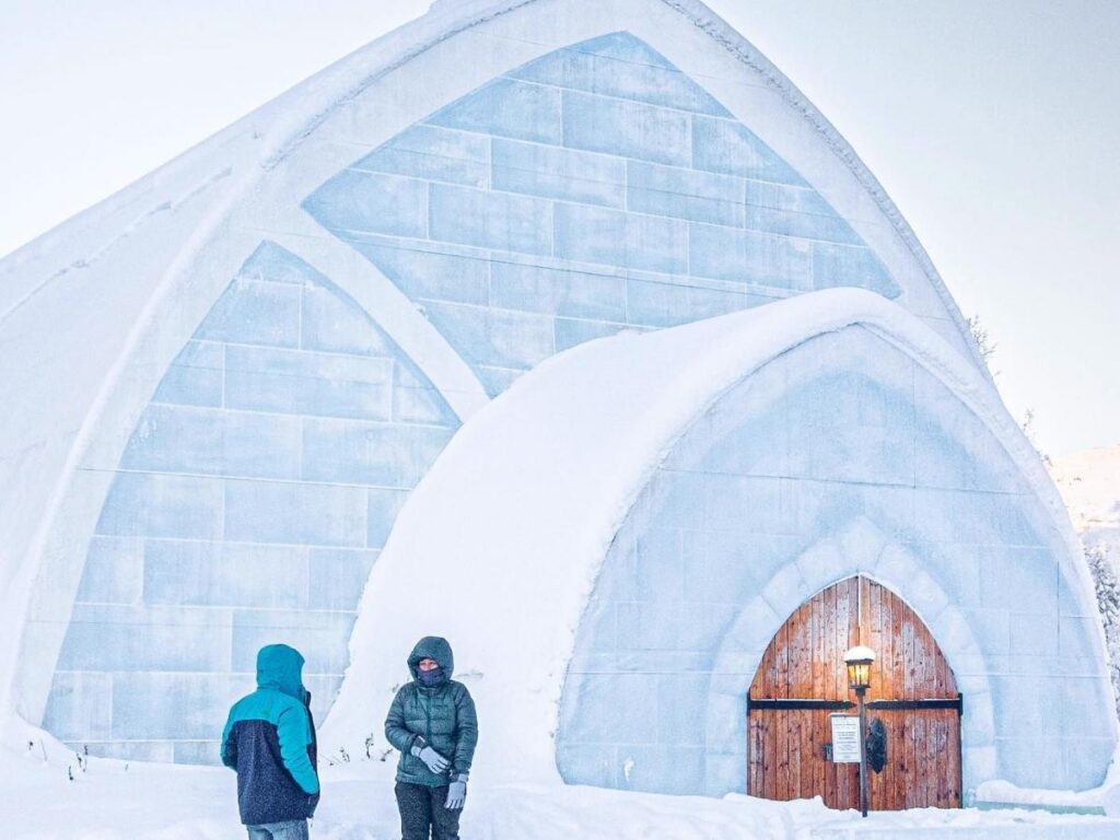 Colorfully lit ice carvings inside the Fairbanks Ice Museum