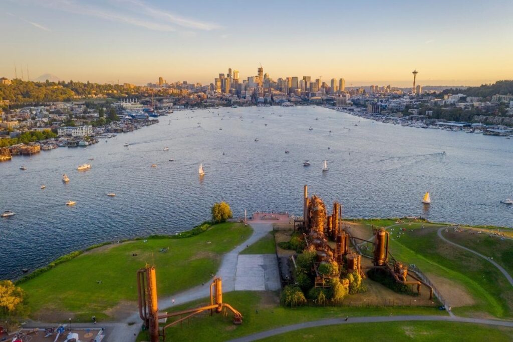 View of Seattle skyline from Gas Works Park with industrial ruins