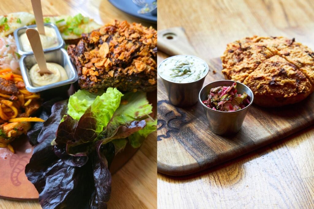 Dinner plates with creative dishes at Girl & the Goat restaurant in West Loop