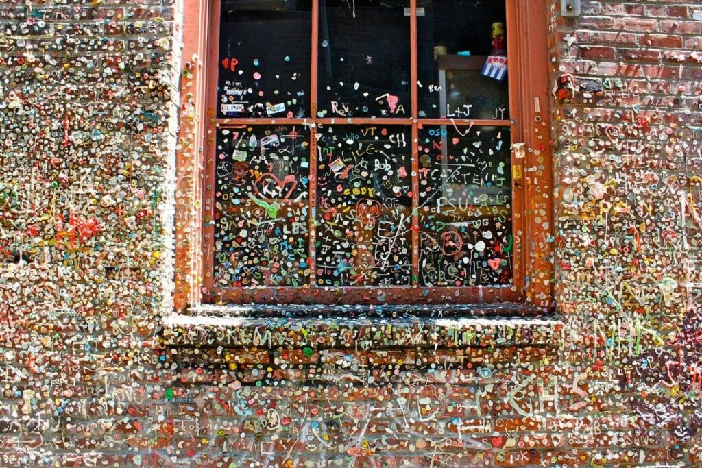 Colorful chewed gum wall in Post Alley Seattle