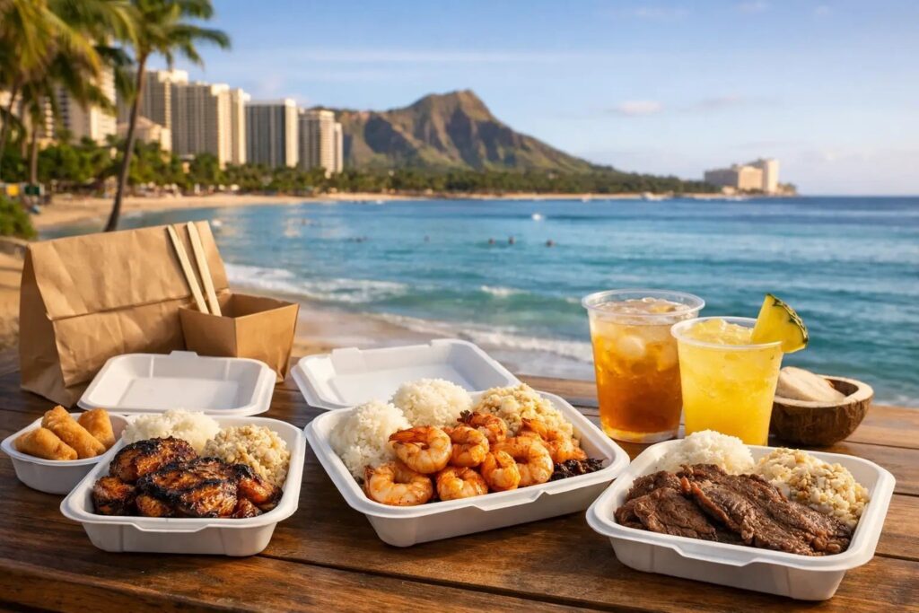 Traditional Hawaiian plate lunch with garlic shrimp served in Waikiki