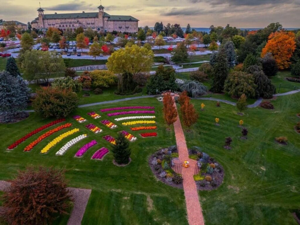 View overlooking Hershey from Hershey Gardens with seasonal flowers