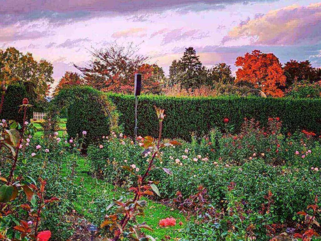 Peaceful walking paths and flower beds at Hershey Gardens in Pennsylvania