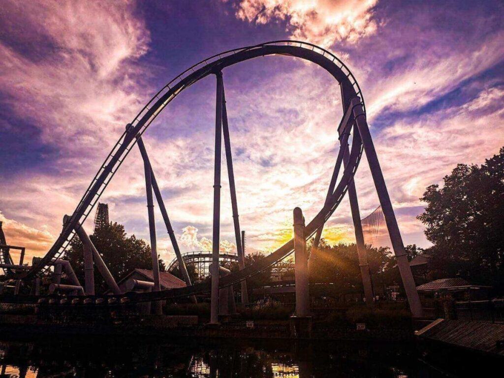 Early morning view of roller coasters at Hershey park in Pennsylvania