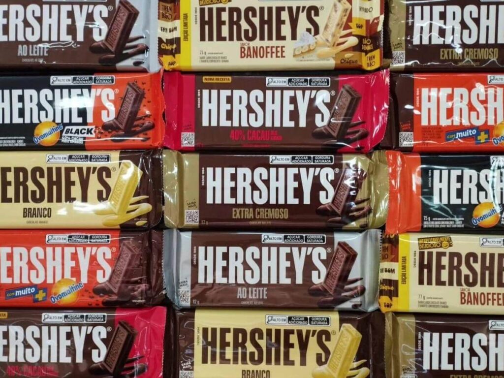 Chocolate displays and candy shelves inside Hershey’s Chocolate World store