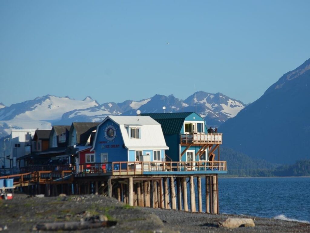 Overlook of Homer, Alaska showing the town, water, and surrounding landscape