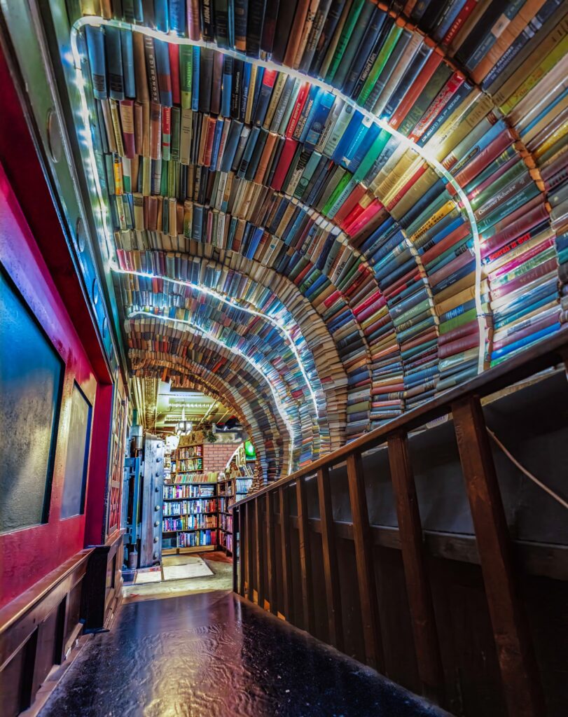 Colorful book tunnel at The Last Bookstore in Downtown LA