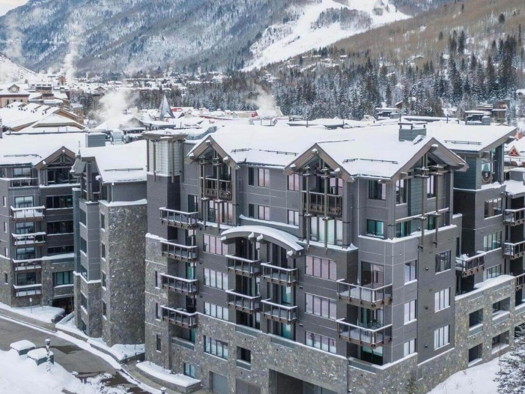 Lionshead Village in Vail with gondola and mountain backdrop