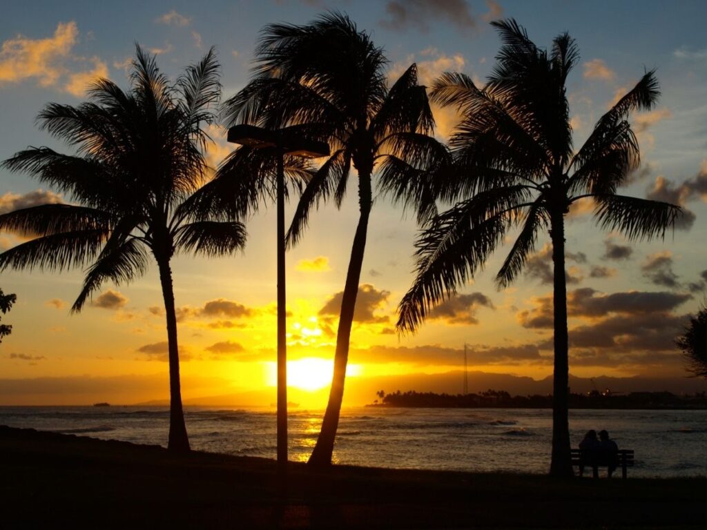 Sunset view from Magic Island overlooking Waikiki and the Pacific Ocean