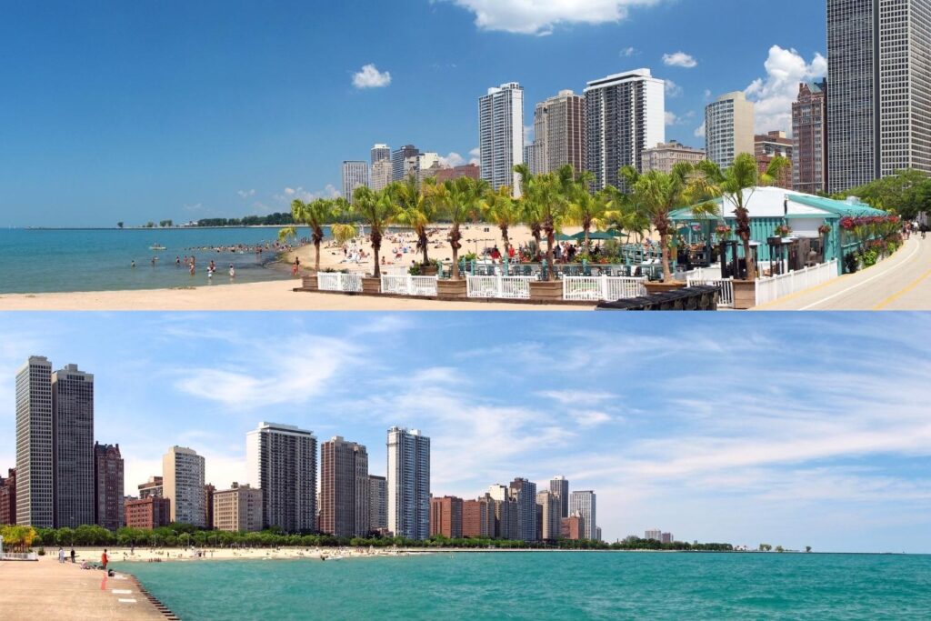 Sunset skyline view from Oak Street Beach