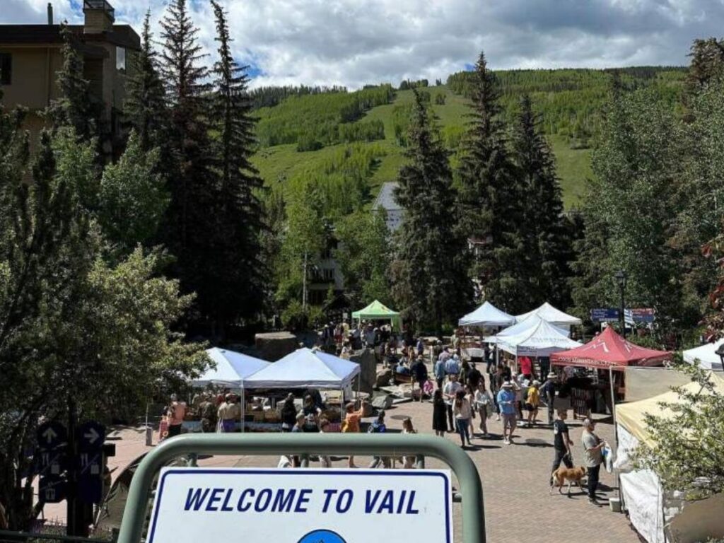 Visitors walking through Vail Village at a relaxed pace