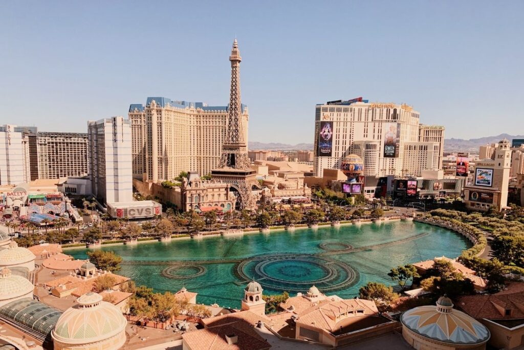 Eiffel Tower deck overlooking Bellagio fountain