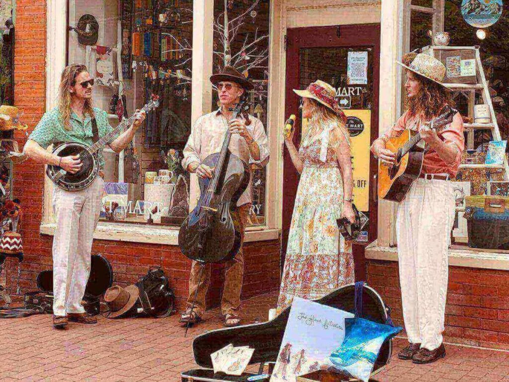 Street performer entertaining visitors on Pearl Street Mall.