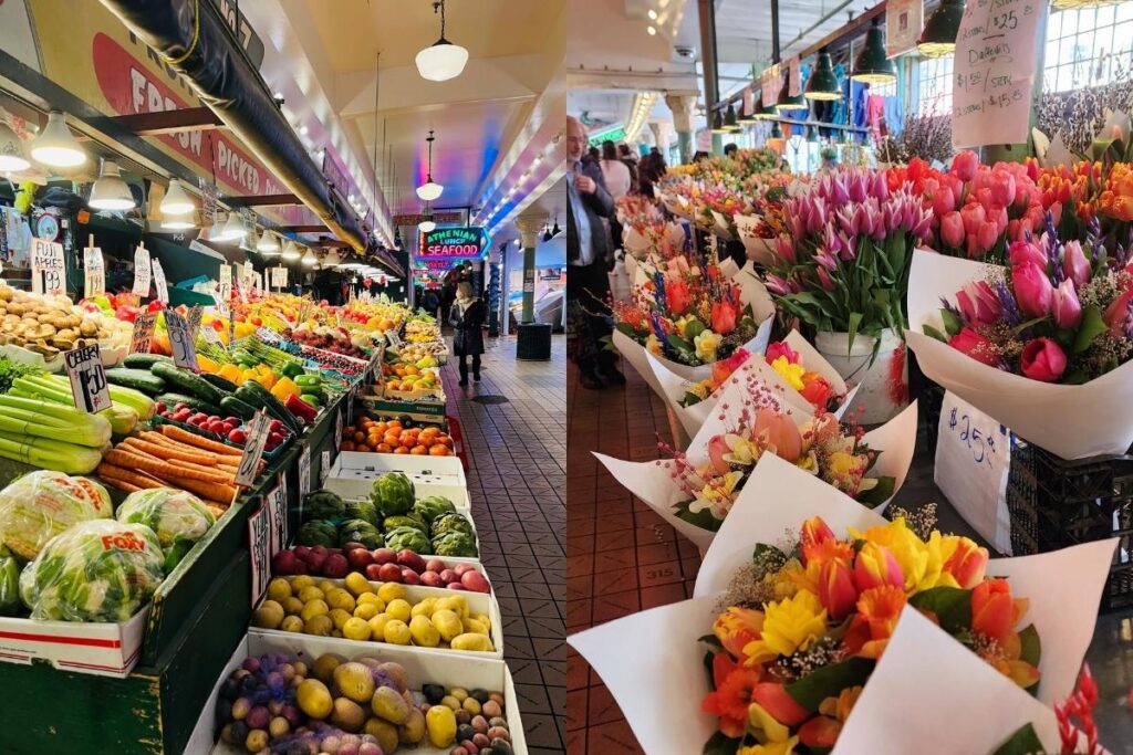Fresh produce and flower stalls at Pike Place Market Seattle